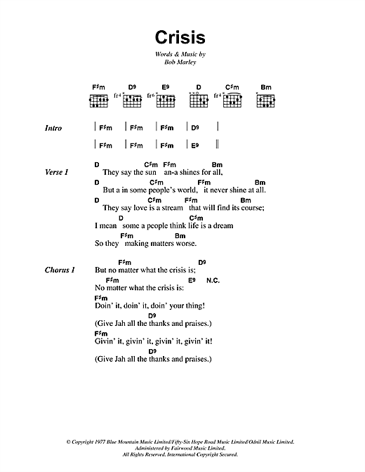 Bob Marley Crisis sheet music notes and chords arranged for Guitar Chords/Lyrics