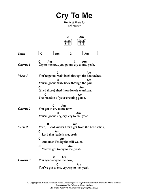 Bob Marley Cry To Me sheet music notes and chords arranged for Guitar Chords/Lyrics