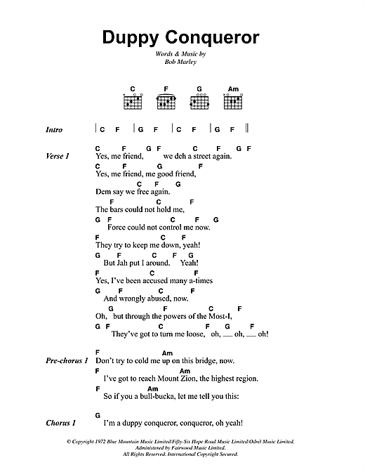 Bob Marley Duppy Conqueror sheet music notes and chords arranged for Guitar Chords/Lyrics