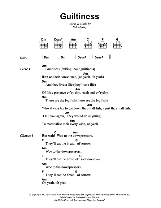 Bob Marley Guiltiness sheet music notes and chords arranged for Guitar Chords/Lyrics