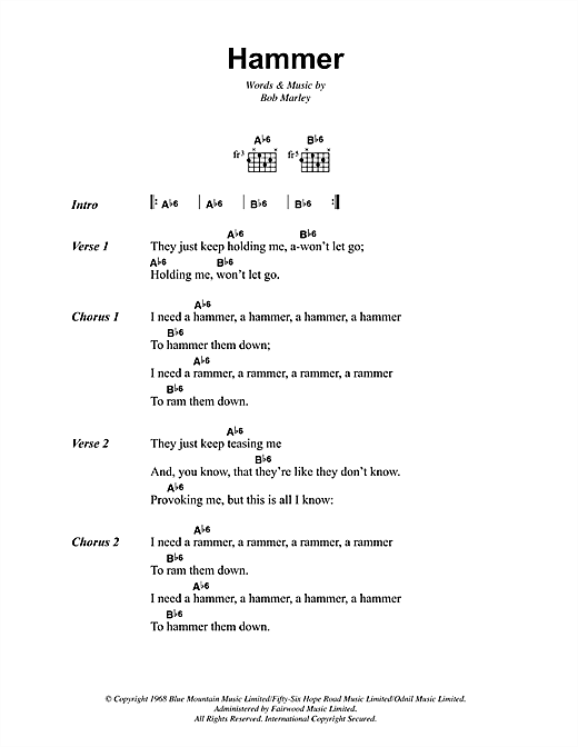 Bob Marley Hammer sheet music notes and chords arranged for Guitar Chords/Lyrics
