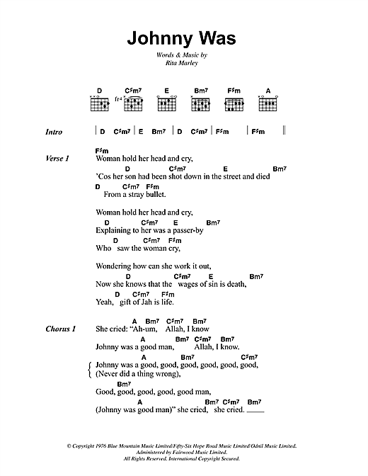 Bob Marley Johnny Was sheet music notes and chords arranged for Guitar Chords/Lyrics
