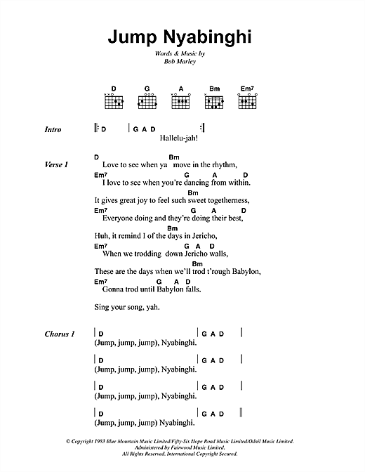 Bob Marley Jump Nyabinghi sheet music notes and chords arranged for Guitar Chords/Lyrics
