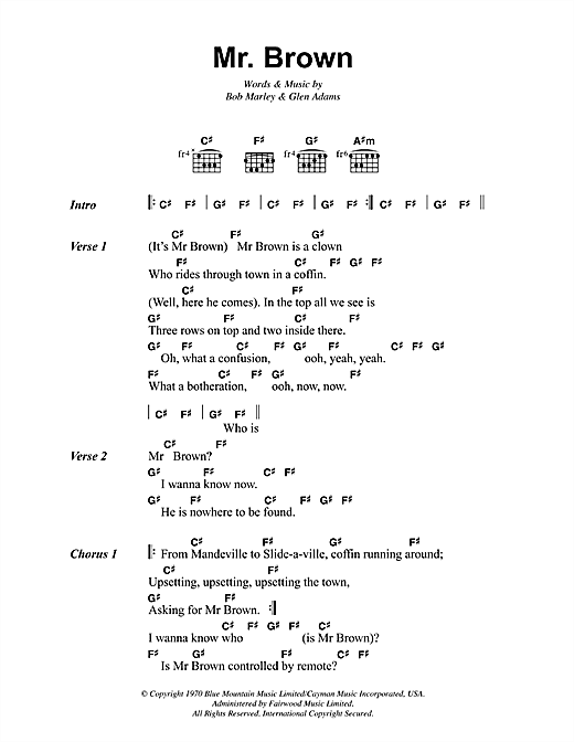 Bob Marley Mr. Brown sheet music notes and chords arranged for Guitar Chords/Lyrics