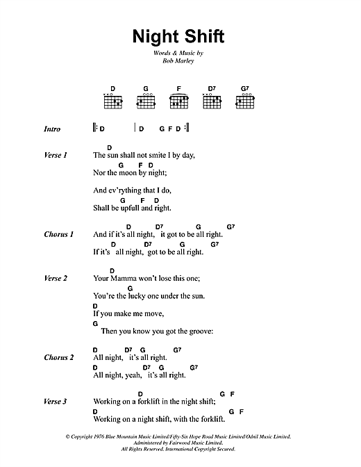 Bob Marley Night Shift sheet music notes and chords arranged for Guitar Chords/Lyrics