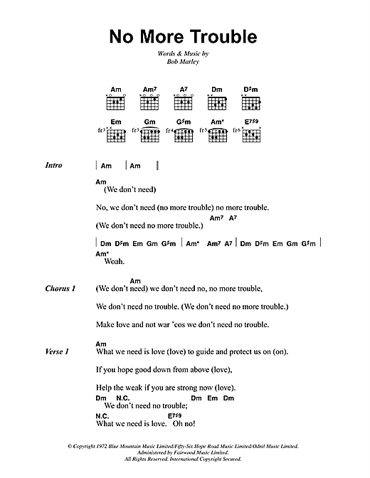 Bob Marley No More Trouble sheet music notes and chords arranged for Guitar Chords/Lyrics
