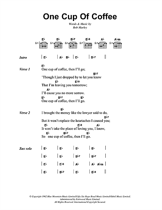 Bob Marley One Cup Of Coffee sheet music notes and chords arranged for Guitar Chords/Lyrics