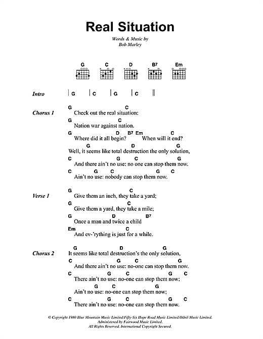 Bob Marley Real Situation sheet music notes and chords arranged for Guitar Chords/Lyrics