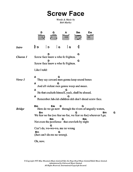 Bob Marley Screw Face sheet music notes and chords arranged for Guitar Chords/Lyrics