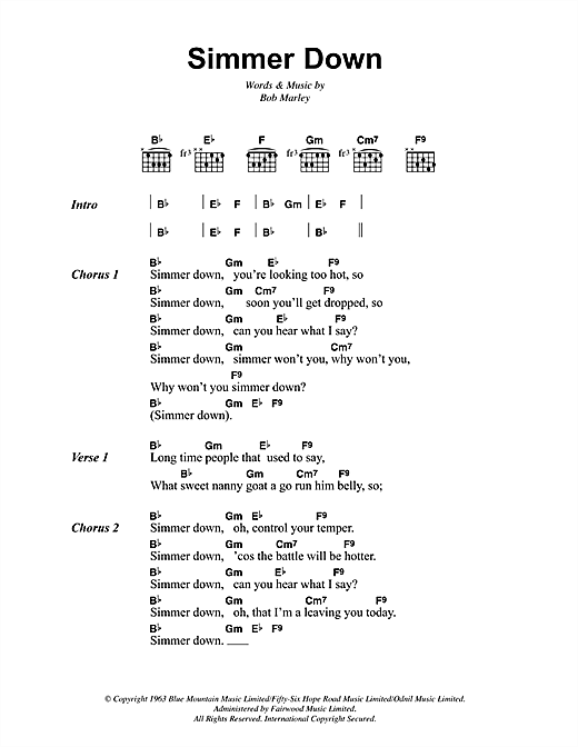 Bob Marley Simmer Down sheet music notes and chords arranged for Guitar Chords/Lyrics
