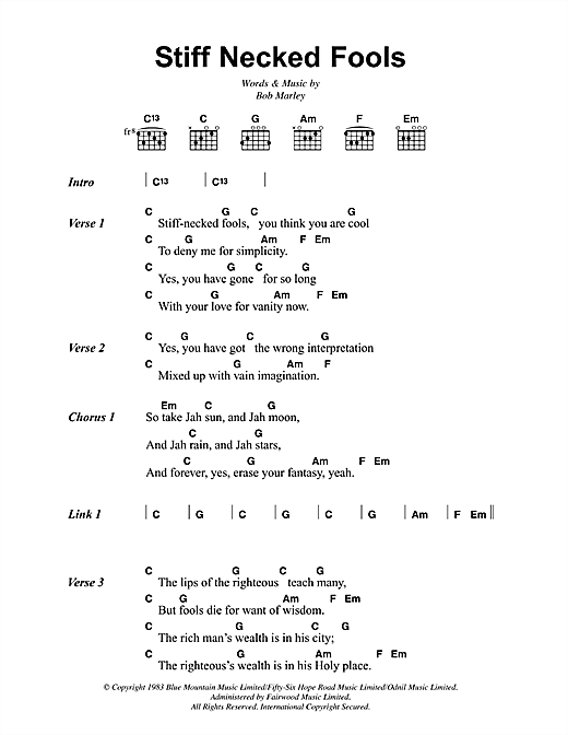 Bob Marley Stiff Necked Fools sheet music notes and chords arranged for Guitar Chords/Lyrics