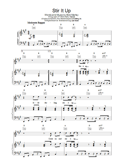 Bob Marley Stir It Up sheet music notes and chords. Download Printable PDF.