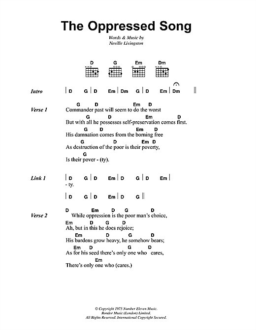 Bob Marley The Oppressed Song sheet music notes and chords arranged for Guitar Chords/Lyrics