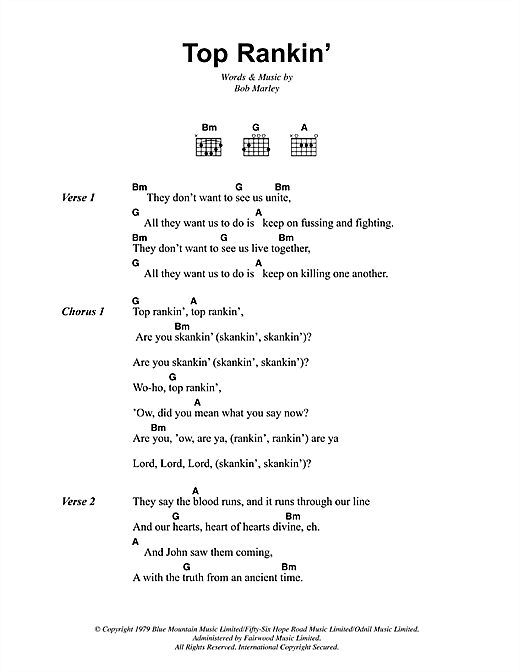 Bob Marley Top Rankin' sheet music notes and chords arranged for Guitar Chords/Lyrics