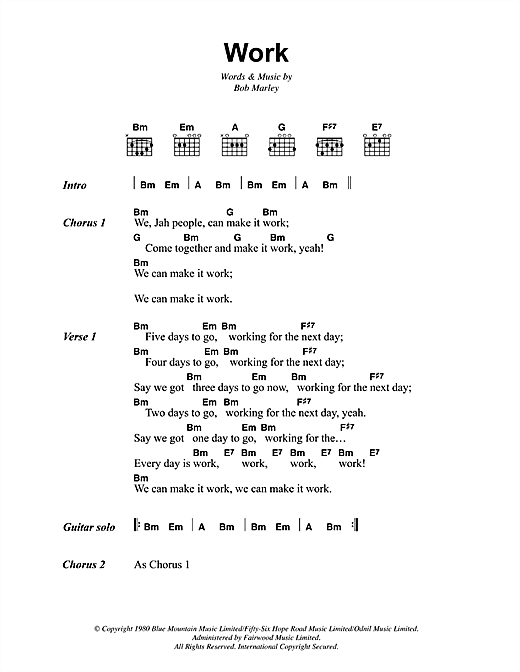 Bob Marley Work sheet music notes and chords arranged for Guitar Chords/Lyrics