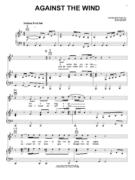 Bob Seger Against The Wind sheet music notes and chords. Download Printable PDF.