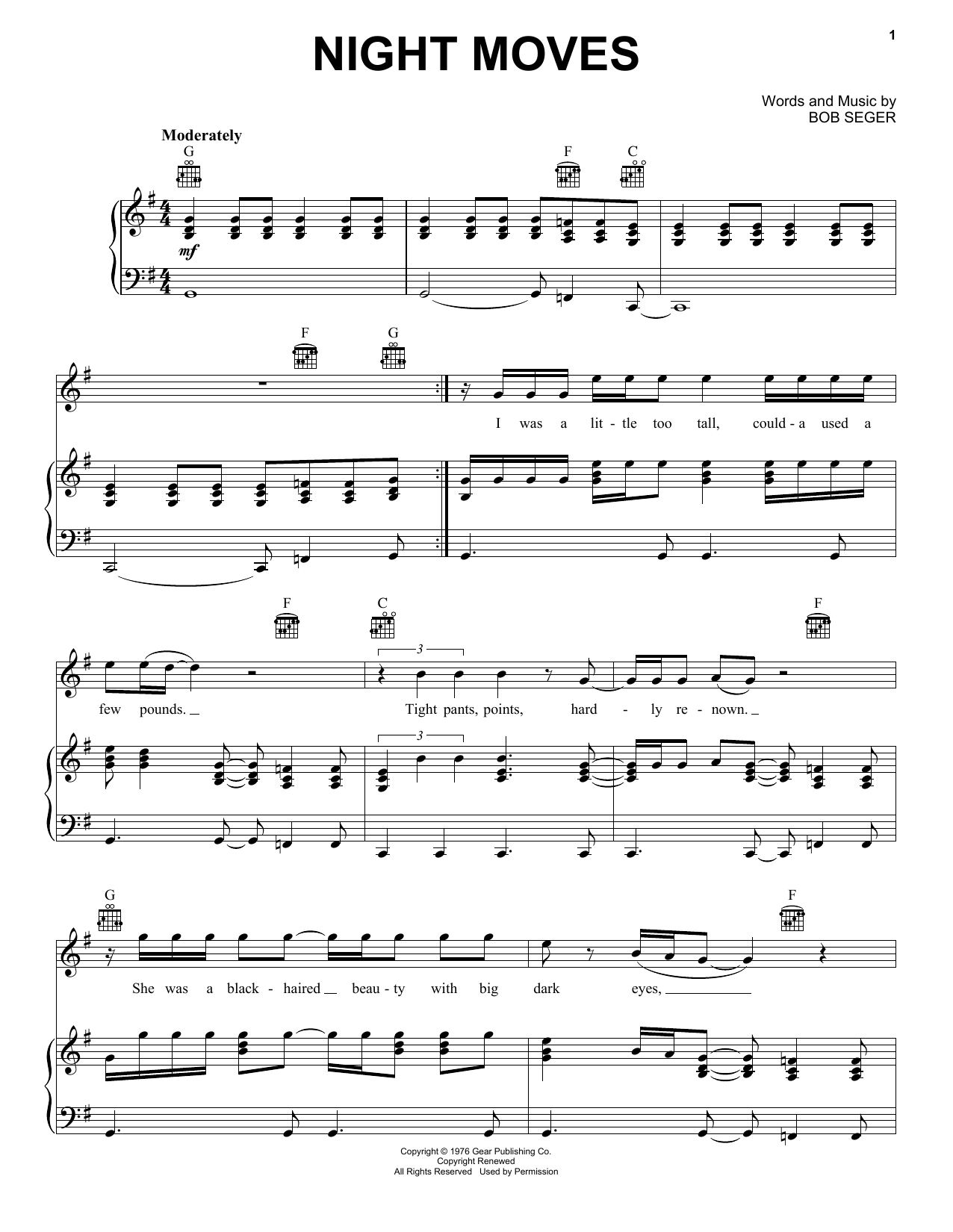 Bob Seger Night Moves sheet music notes and chords. Download Printable PDF.