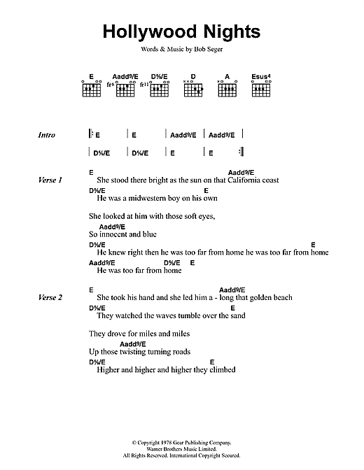 Bob Seger And The Silver Bullet Band Hollywood Nights sheet music notes and chords arranged for Guitar Chords/Lyrics