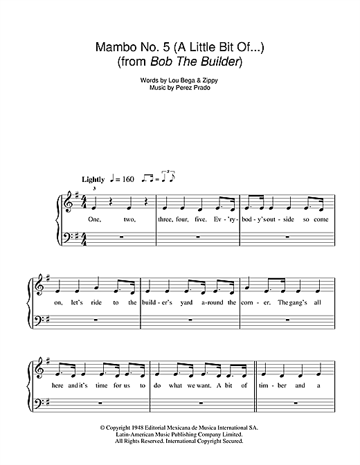 Bob the Builder Mambo No. 5 (A Little Bit Of... ) sheet music notes and chords arranged for 5-Finger Piano