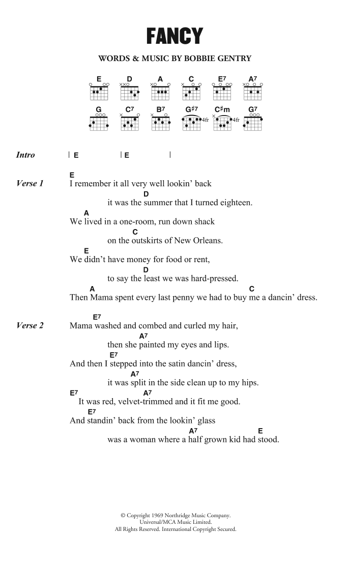 Bobbie Gentry Fancy sheet music notes and chords arranged for Guitar Chords/Lyrics