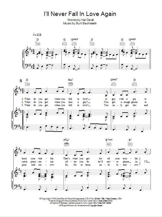 Bobbie Gentry I'll Never Fall In Love Again sheet music notes and chords arranged for Piano, Vocal & Guitar Chords