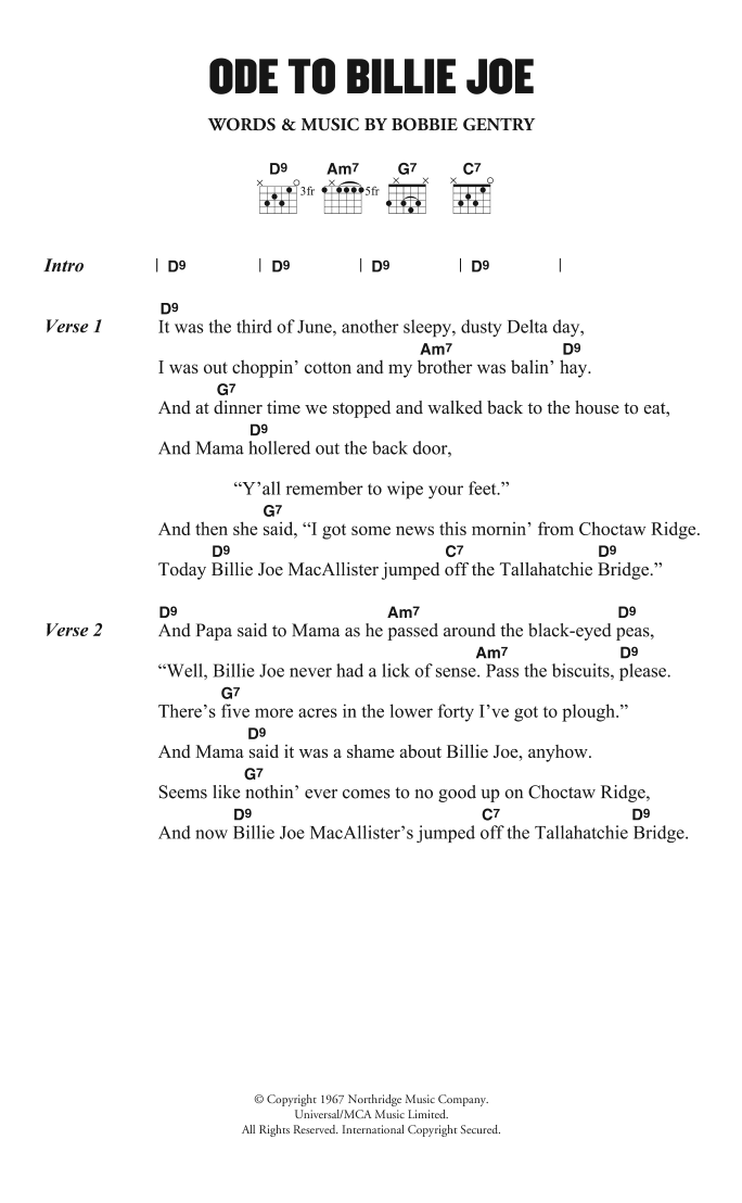 Bobbie Gentry Ode To Billie Joe sheet music notes and chords arranged for Guitar Chords/Lyrics