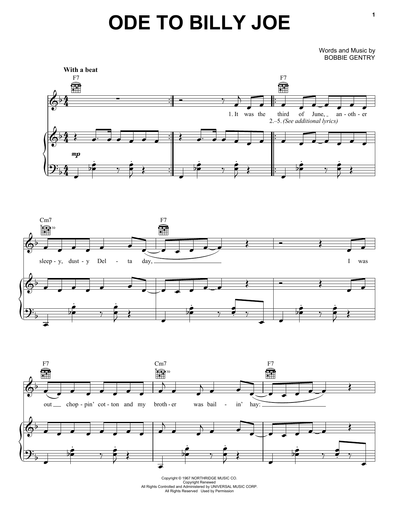 Bobbie Gentry Ode To Billy Joe sheet music notes and chords arranged for Ukulele Chords/Lyrics