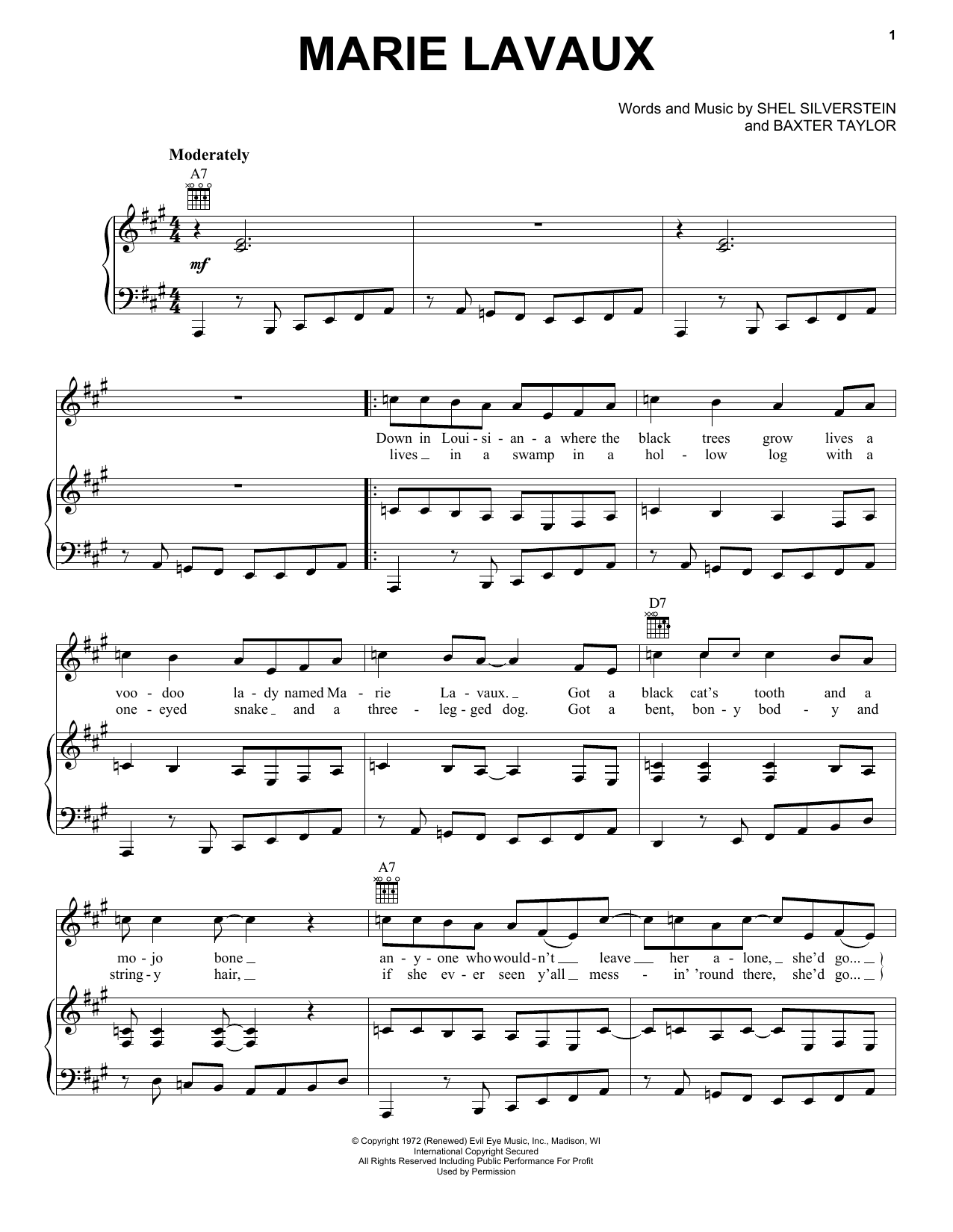 Bobby Bare Marie Lavaux sheet music notes and chords arranged for Piano, Vocal & Guitar Chords (Right-Hand Melody)