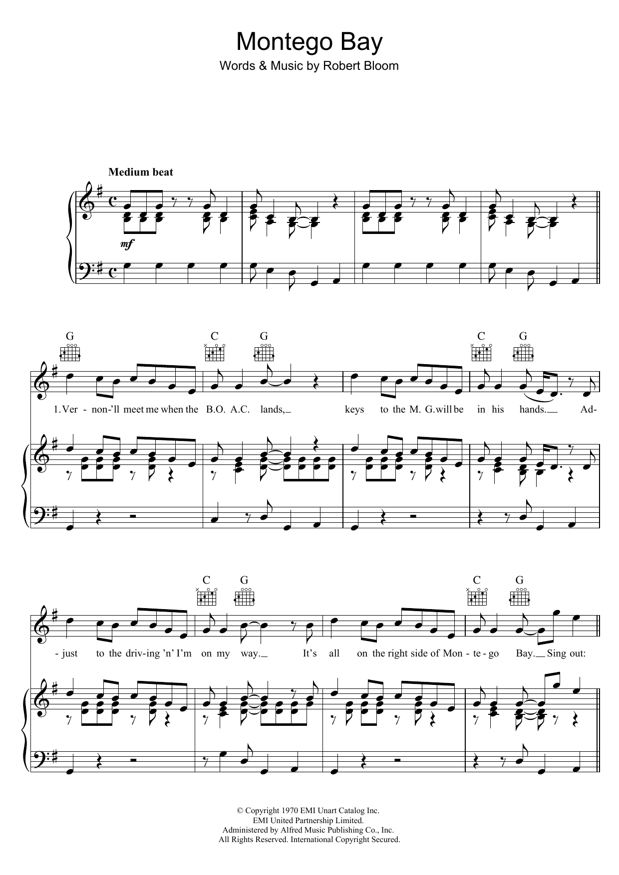 Bobby Bloom Montego Bay sheet music notes and chords arranged for Piano, Vocal & Guitar Chords