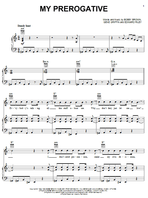Bobby Brown My Prerogative sheet music notes and chords arranged for Piano, Vocal & Guitar Chords (Right-Hand Melody)
