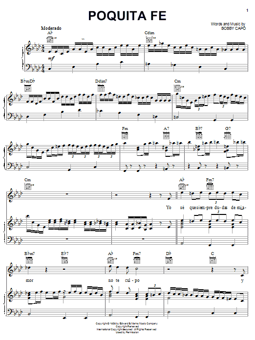 Bobby Capo Poquita Fe sheet music notes and chords arranged for Piano, Vocal & Guitar Chords (Right-Hand Melody)