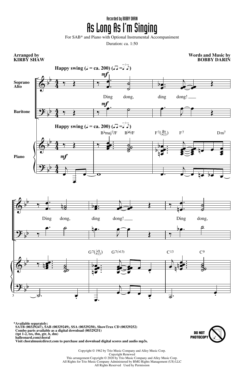 Bobby Darin As Long As I'm Singing (arr. Kirby Shaw) sheet music notes and chords arranged for SATB Choir