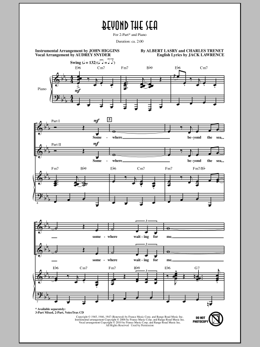 Bobby Darin Beyond The Sea (arr. Audrey Snyder) sheet music notes and chords arranged for 2-Part Choir