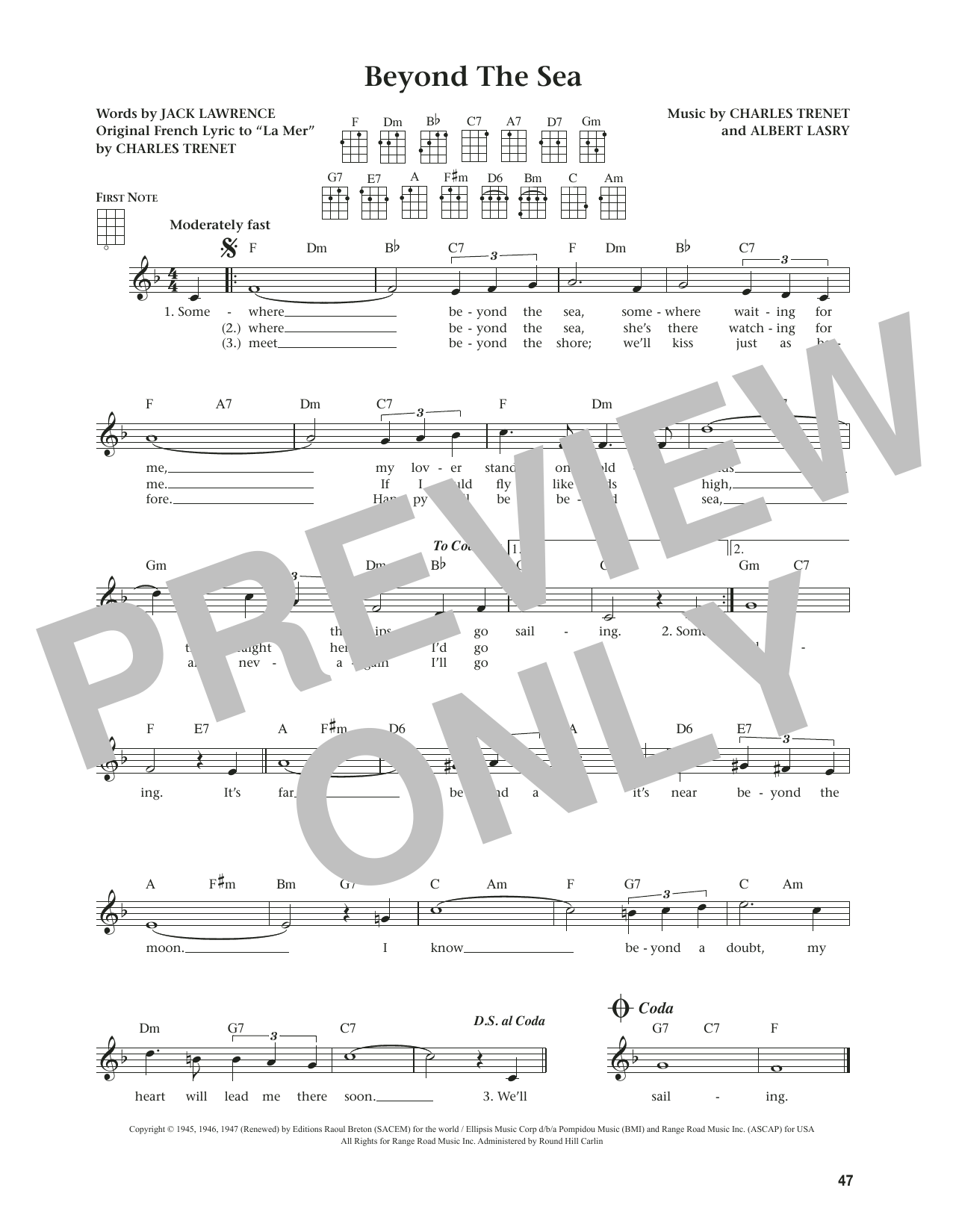 Bobby Darin Beyond The Sea (from The Daily Ukulele) (arr. Jim Beloff) sheet music notes and chords arranged for Ukulele