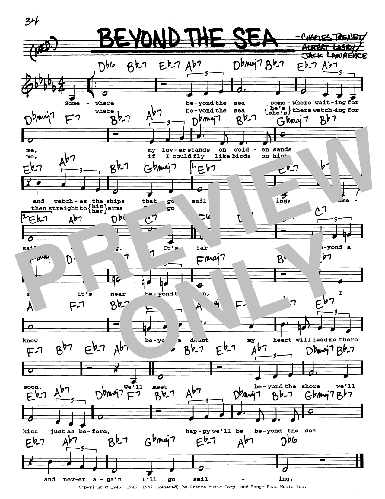 Bobby Darin Beyond The Sea (Low Voice) sheet music notes and chords arranged for Real Book – Melody, Lyrics & Chords