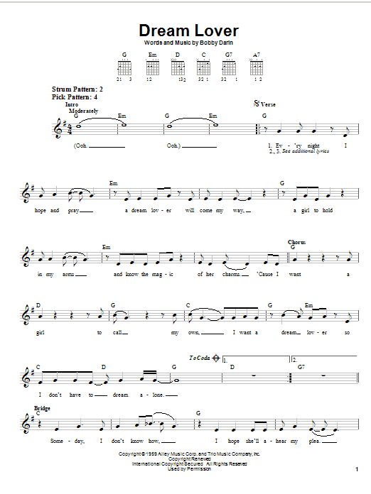 Bobby Darin Dream Lover sheet music notes and chords arranged for Guitar Chords/Lyrics