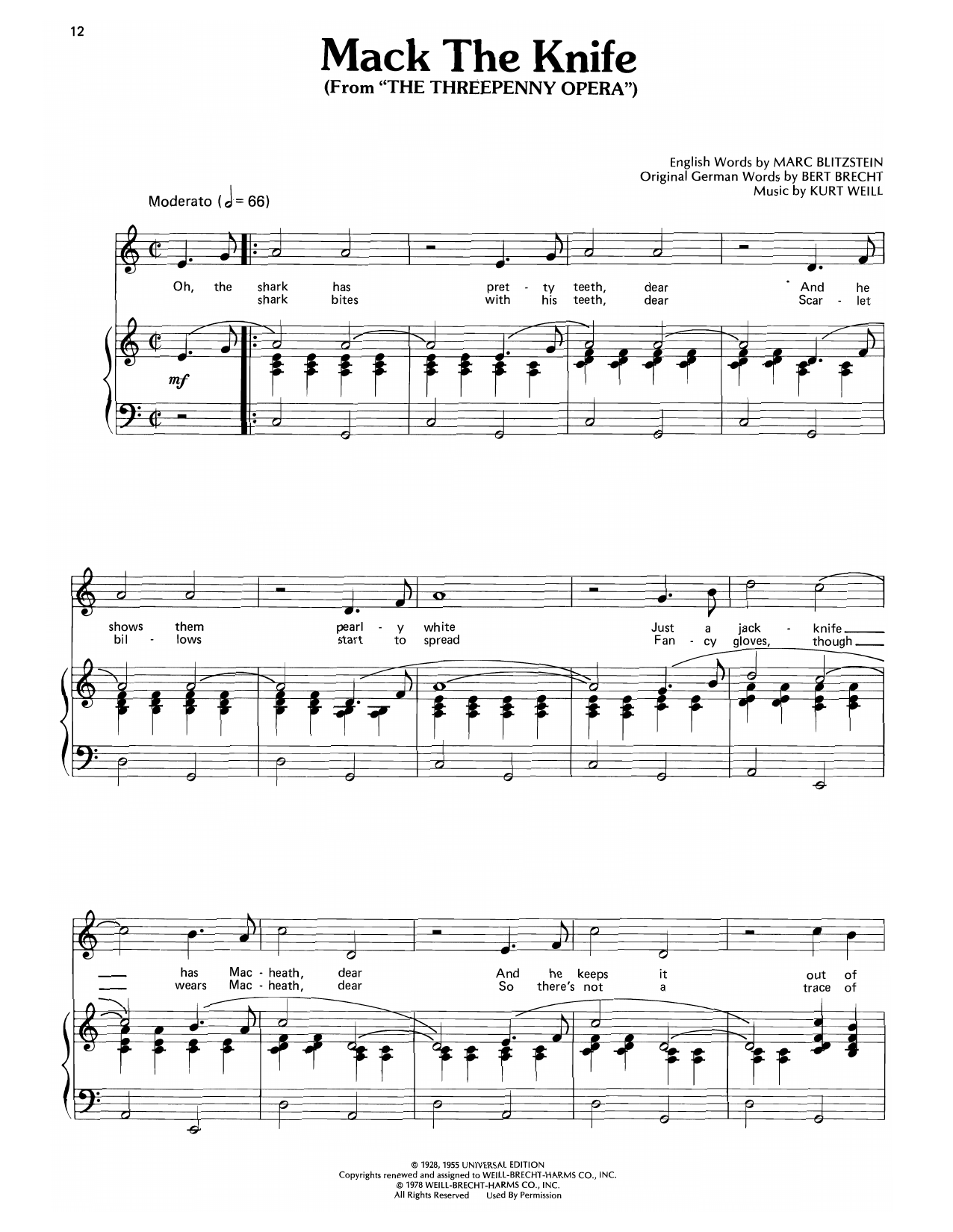 Bobby Darin Mack The Knife (from The Threepenny Opera) sheet music notes and chords arranged for Piano, Vocal & Guitar Chords (Right-Hand Melody)