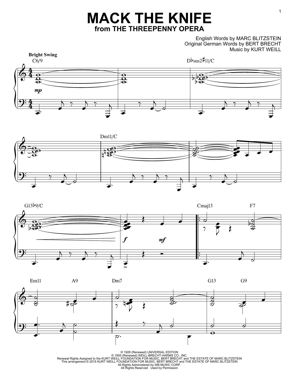 Bobby Darin Mack The Knife [Jazz version] (arr. Brent Edstrom) sheet music notes and chords arranged for Piano Solo