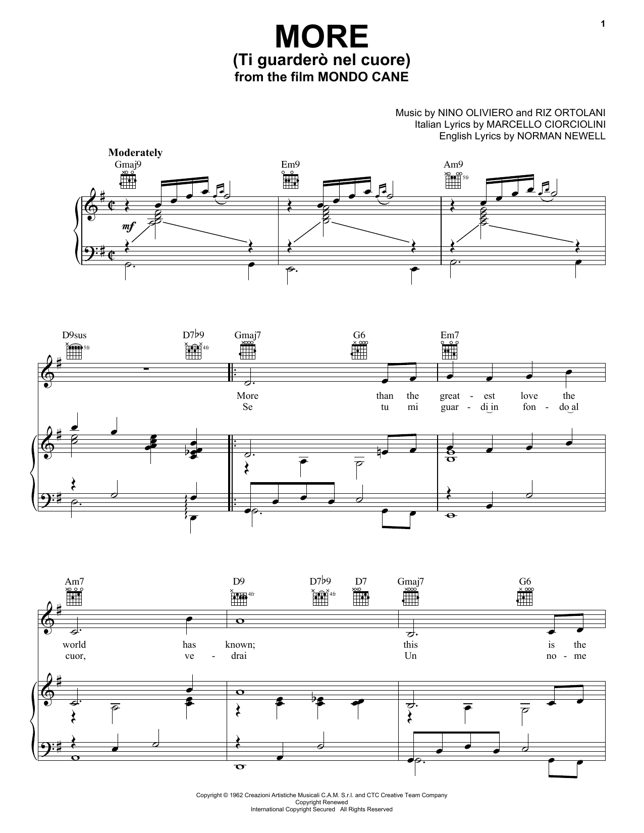 Bobby Darin More (Ti Guardero Nel Cuore) sheet music notes and chords arranged for Piano, Vocal & Guitar Chords (Right-Hand Melody)