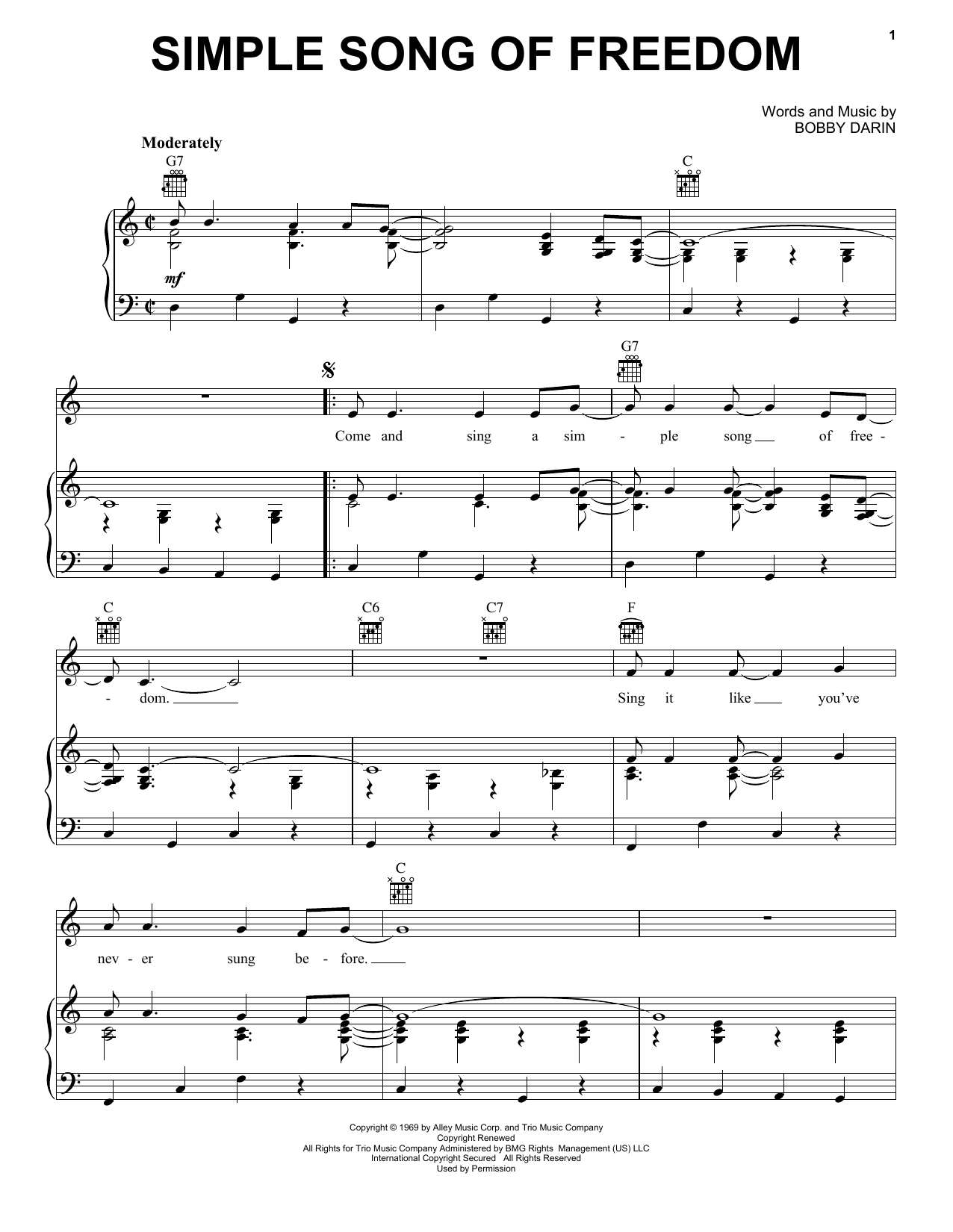 Bobby Darin Simple Song Of Freedom sheet music notes and chords arranged for Piano, Vocal & Guitar Chords (Right-Hand Melody)