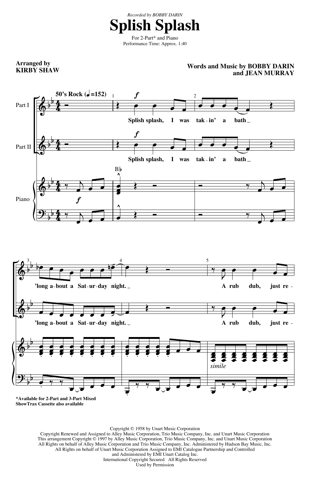 Bobby Darin Splish Splash (arr. Kirby Shaw) sheet music notes and chords arranged for 2-Part Choir