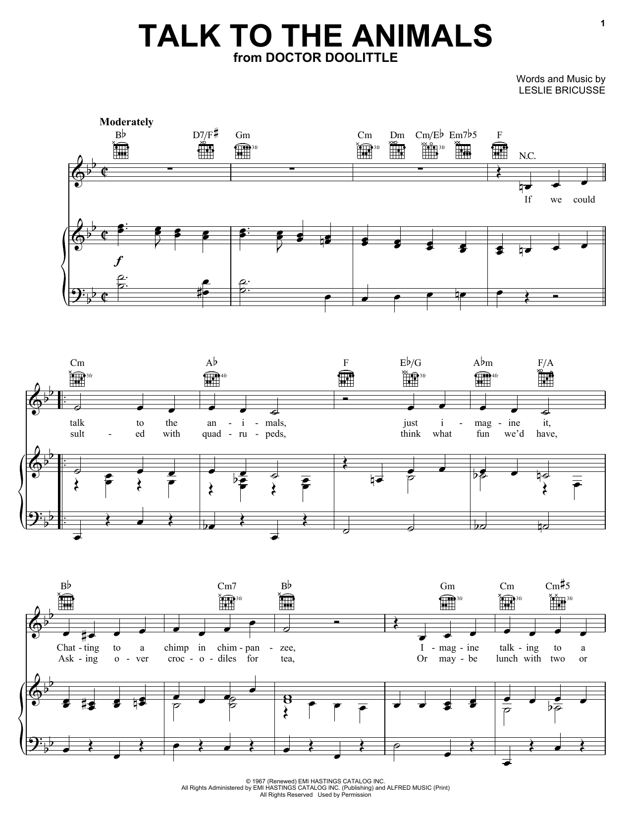 Bobby Darin Talk To The Animals sheet music notes and chords arranged for Piano, Vocal & Guitar Chords (Right-Hand Melody)