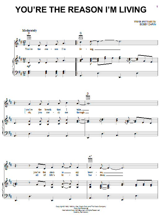 Bobby Darin You're The Reason I'm Living sheet music notes and chords arranged for Piano, Vocal & Guitar Chords (Right-Hand Melody)