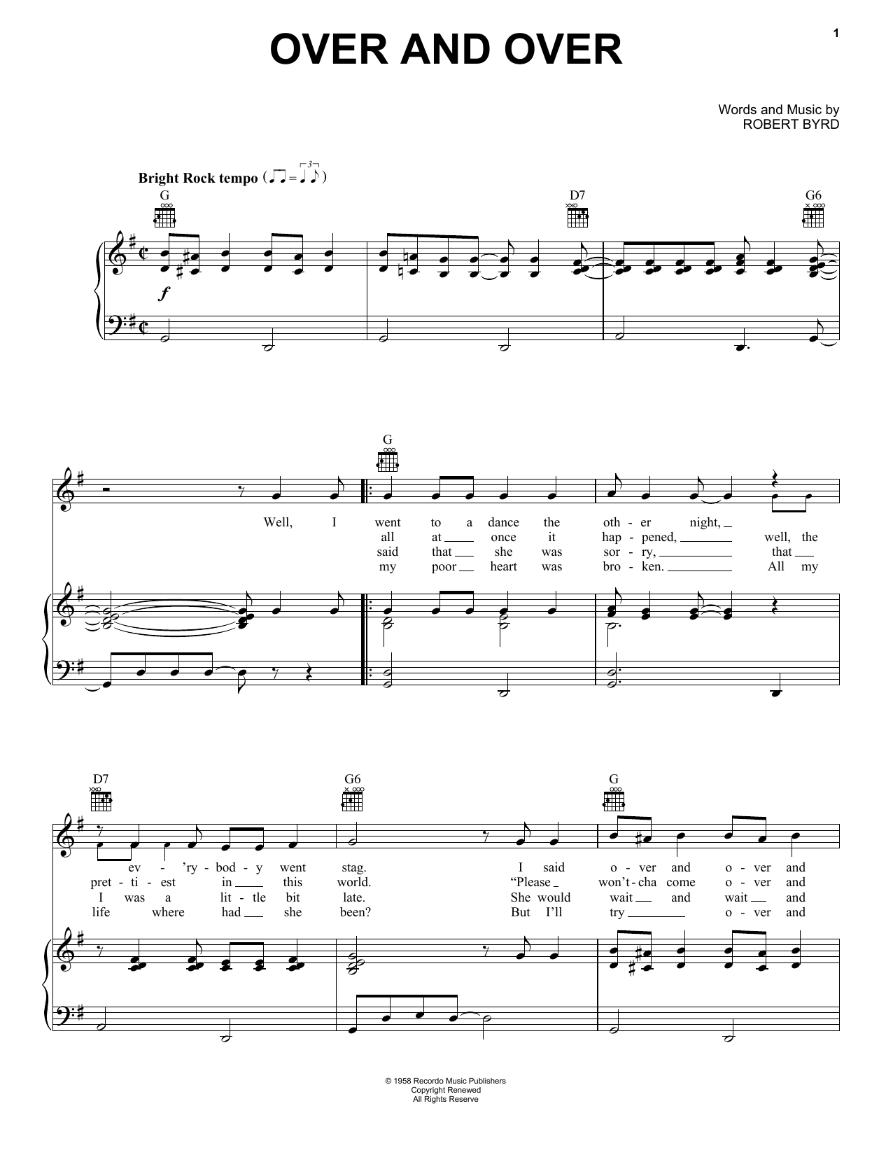 Bobby Day Over And Over sheet music notes and chords arranged for Piano, Vocal & Guitar Chords (Right-Hand Melody)