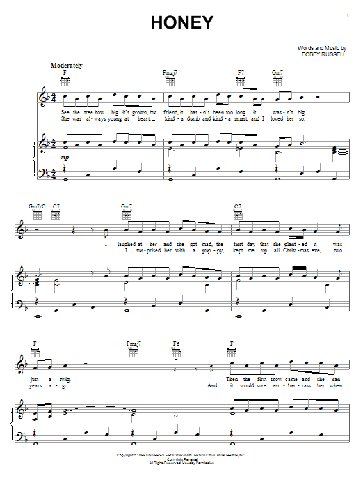 Bobby Goldsboro Honey sheet music notes and chords arranged for Piano, Vocal & Guitar Chords (Right-Hand Melody)