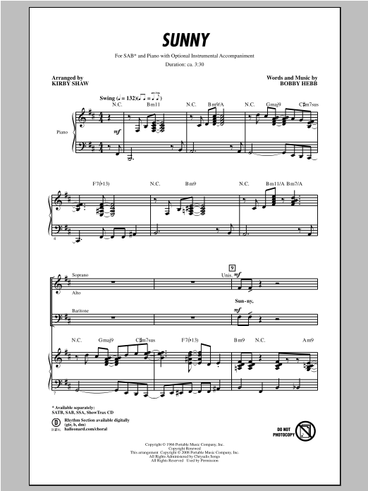 Bobby Hebb Sunny (arr. Kirby Shaw) sheet music notes and chords arranged for SSA Choir