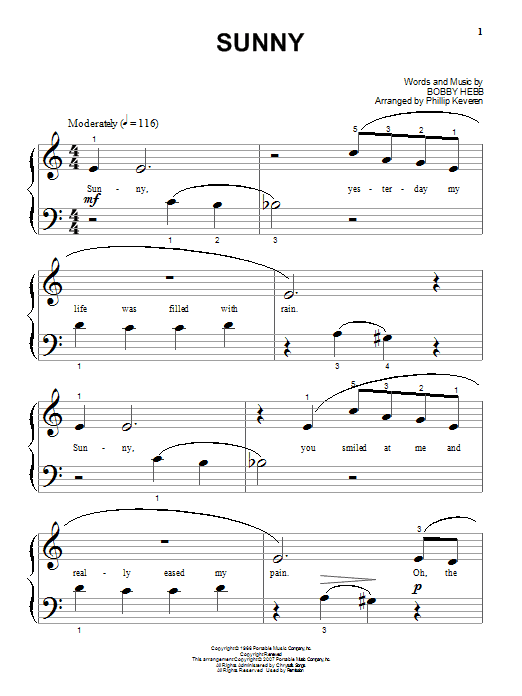 Bobby Hebb Sunny (arr. Phillip Keveren) sheet music notes and chords arranged for Beginning Piano Solo