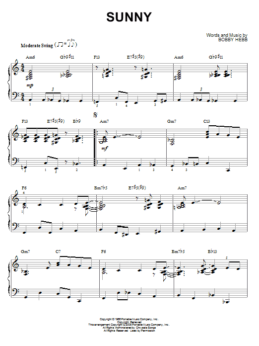 Bobby Hebb Sunny [Jazz version] (arr. Brent Edstrom) sheet music notes and chords arranged for Piano Solo