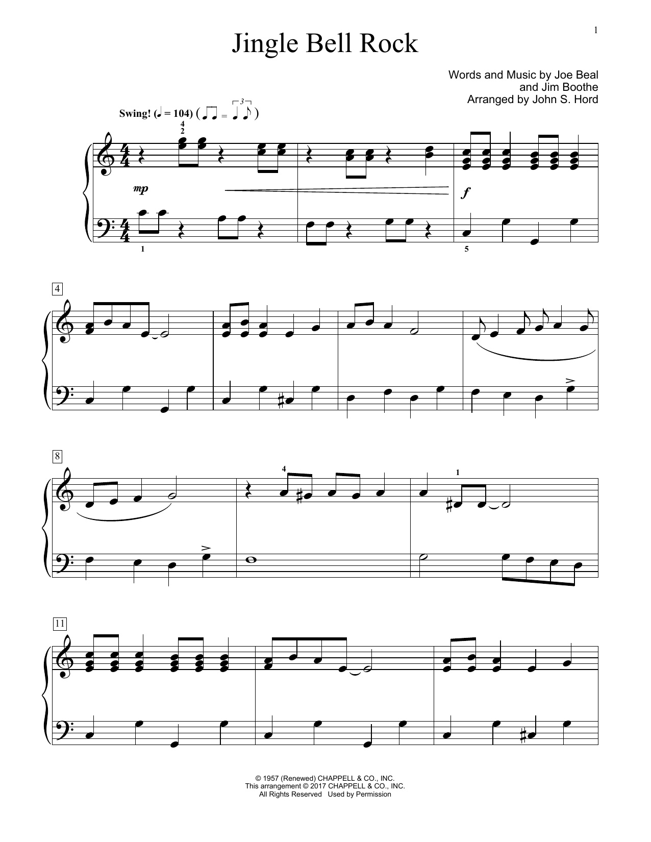 Bobby Helms Jingle Bell Rock (arr. John S. Hord) sheet music notes and chords arranged for Educational Piano