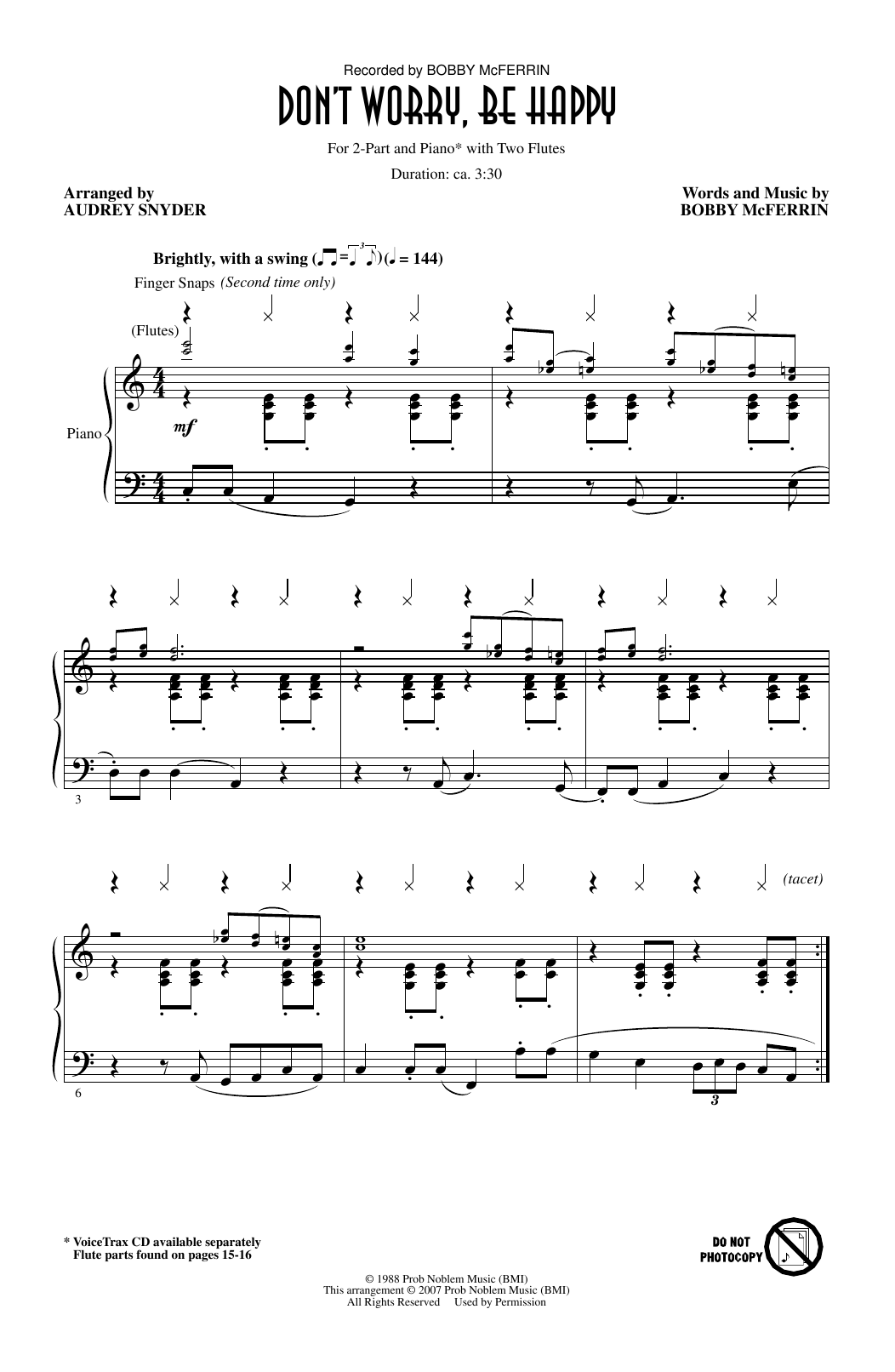 Bobby McFerrin Don't Worry, Be Happy (arr. Audrey Snyder) sheet music notes and chords arranged for 2-Part Choir